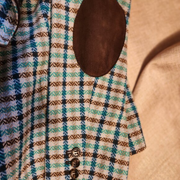 Talbots Brown/Teal Tweed Plaid Ruffled Blazer Elbow Patches Wool Blend Size 12P - Picture 5 of 12